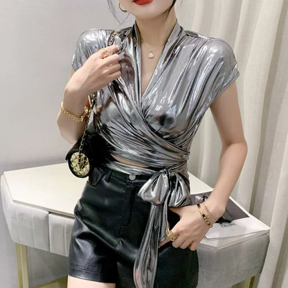 Shine & Chic – Metallic Short Sleeve Wrap Top for Women
